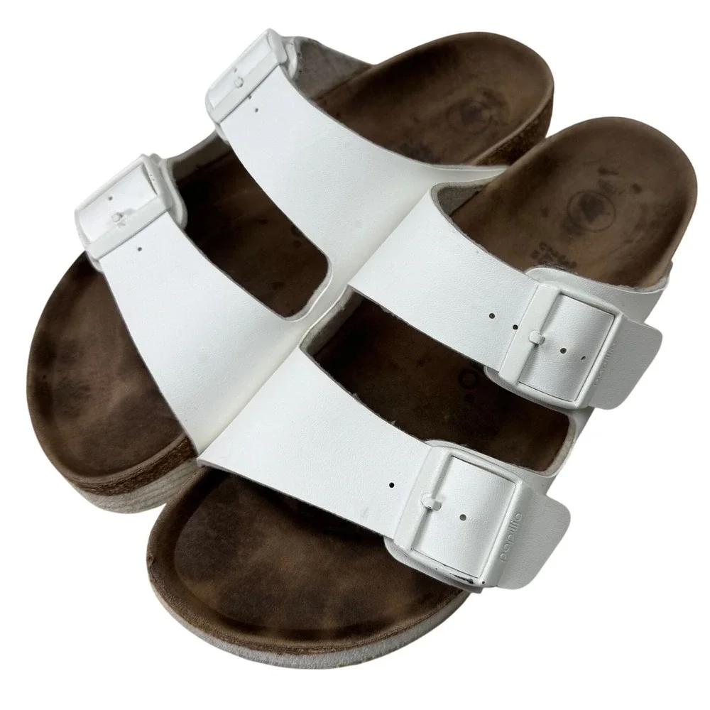 Papillio Birkenstock Arizona Platform Sandals Womens 38 7-7.5 White Vegan‎ Slide